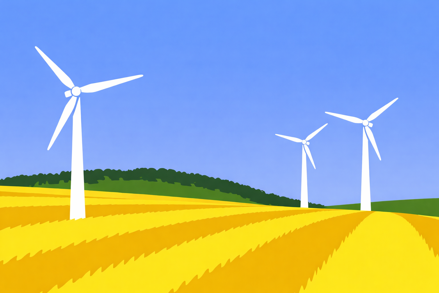 Three wind turbines on rural farm land in the uk - small scale wind farm