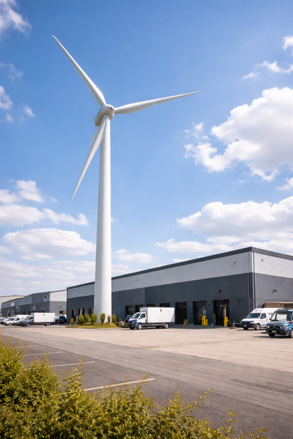 Industrial estate with wind turbine Direct supply allows electricity to be used at source, reducing these costs and delivering meaningful savings for high energy users.