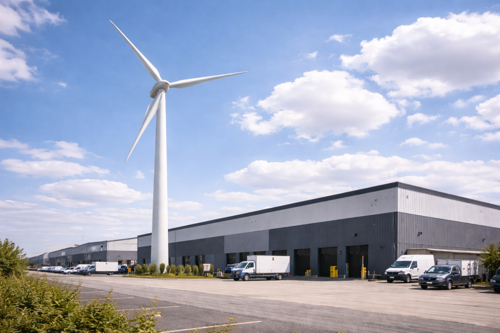 Modern industrial estate under blue sky with wind turbine direct supply