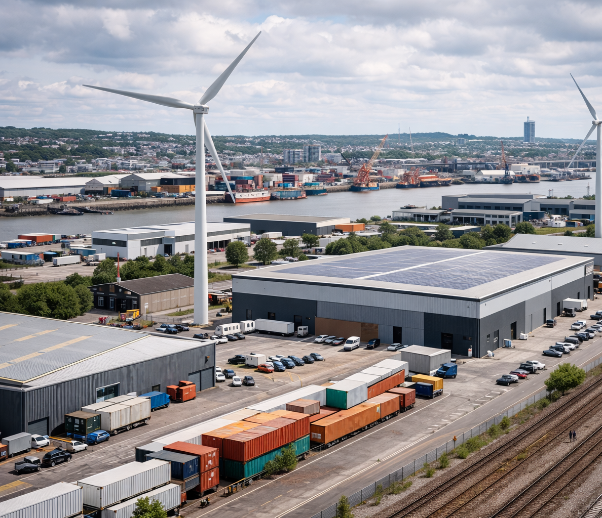 Wind turbines powering an industrial area England and Wales